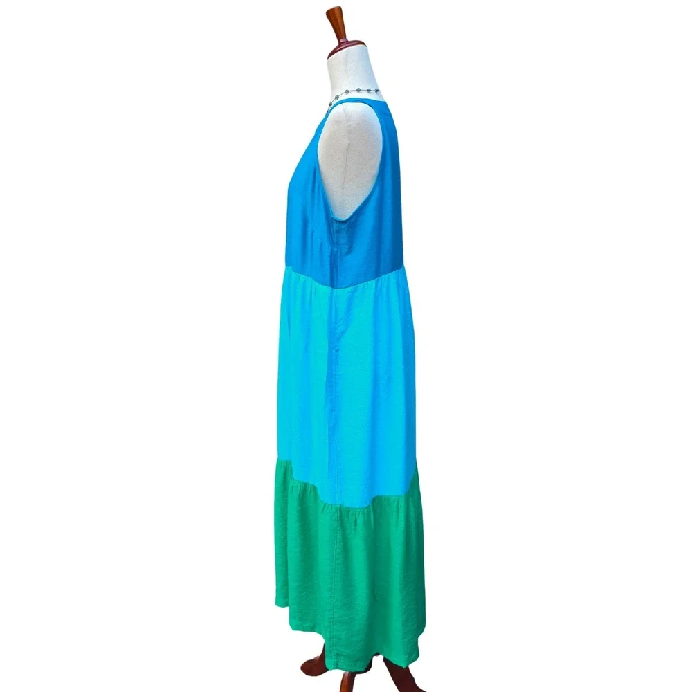 J. Jill Maxi Dress PM Blue Green Colorblock Tiered Boho Coastal Summer - Picture 9 of 16